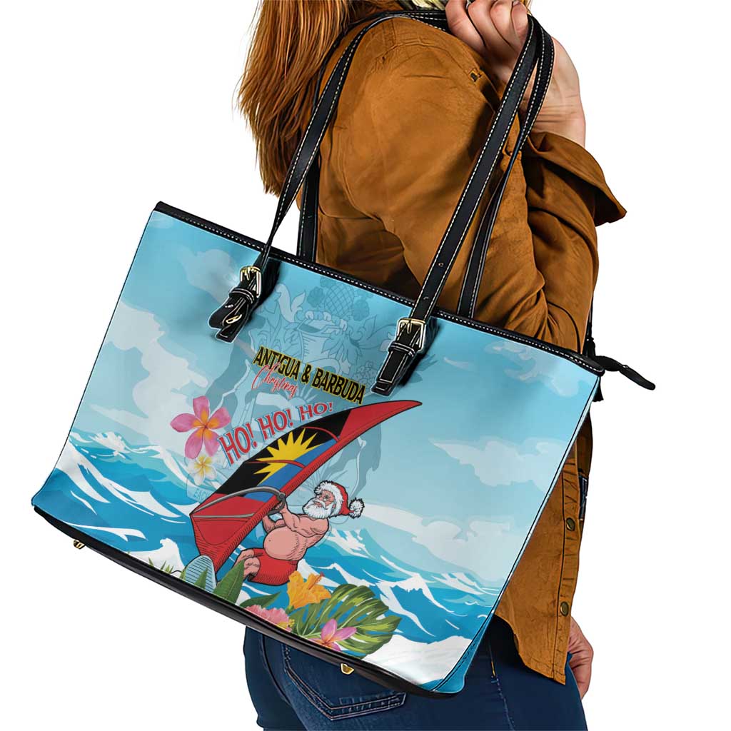 Personalized Antigua and Barbuda Christmas Leather Tote Bag Windsurfing Santa Caribbean Tropical Style - Wonder Print Shop