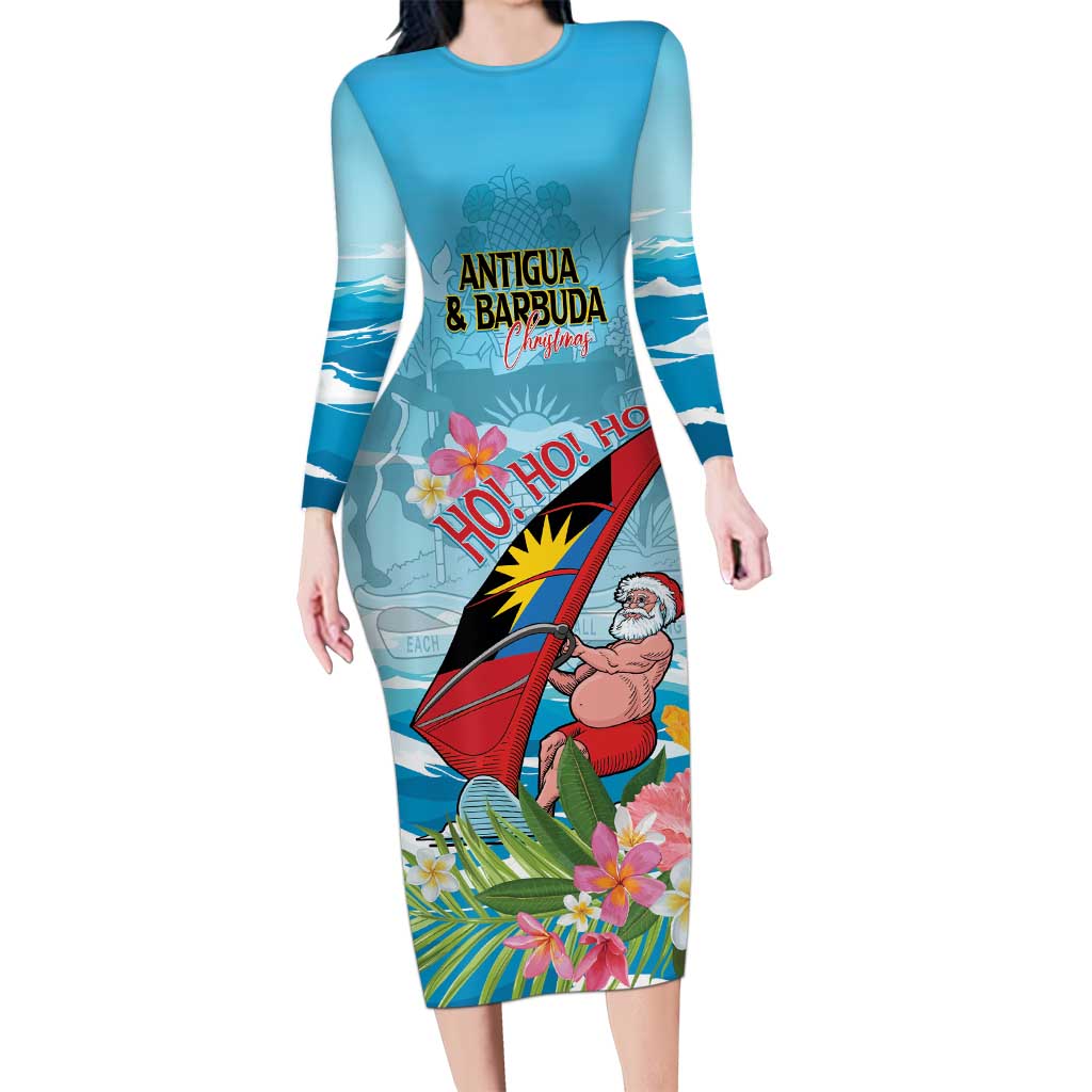 Personalized Antigua and Barbuda Christmas Long Sleeve Bodycon Dress Windsurfing Santa Caribbean Tropical Style - Wonder Print Shop