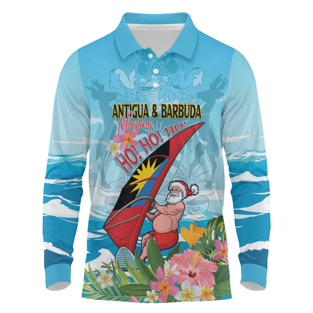 Personalized Antigua and Barbuda Christmas Long Sleeve Polo Shirt Windsurfing Santa Caribbean Tropical Style - Wonder Print Shop