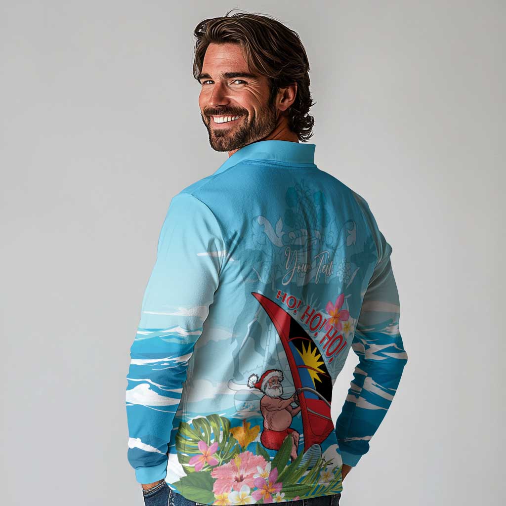 Personalized Antigua and Barbuda Christmas Long Sleeve Polo Shirt Windsurfing Santa Caribbean Tropical Style - Wonder Print Shop