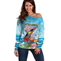 Personalized Antigua and Barbuda Christmas Off Shoulder Sweater Windsurfing Santa Caribbean Tropical Style - Wonder Print Shop