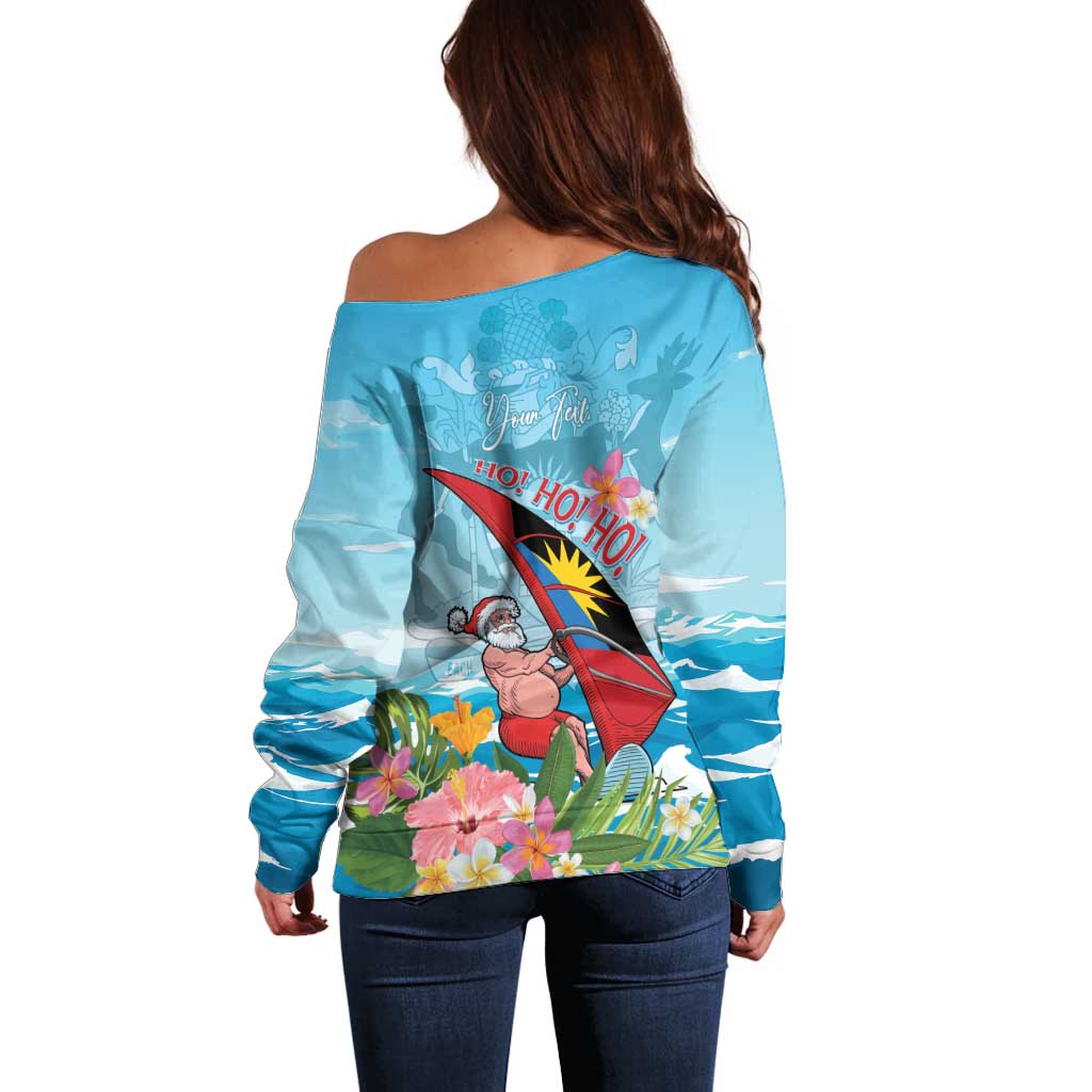 Personalized Antigua and Barbuda Christmas Off Shoulder Sweater Windsurfing Santa Caribbean Tropical Style - Wonder Print Shop