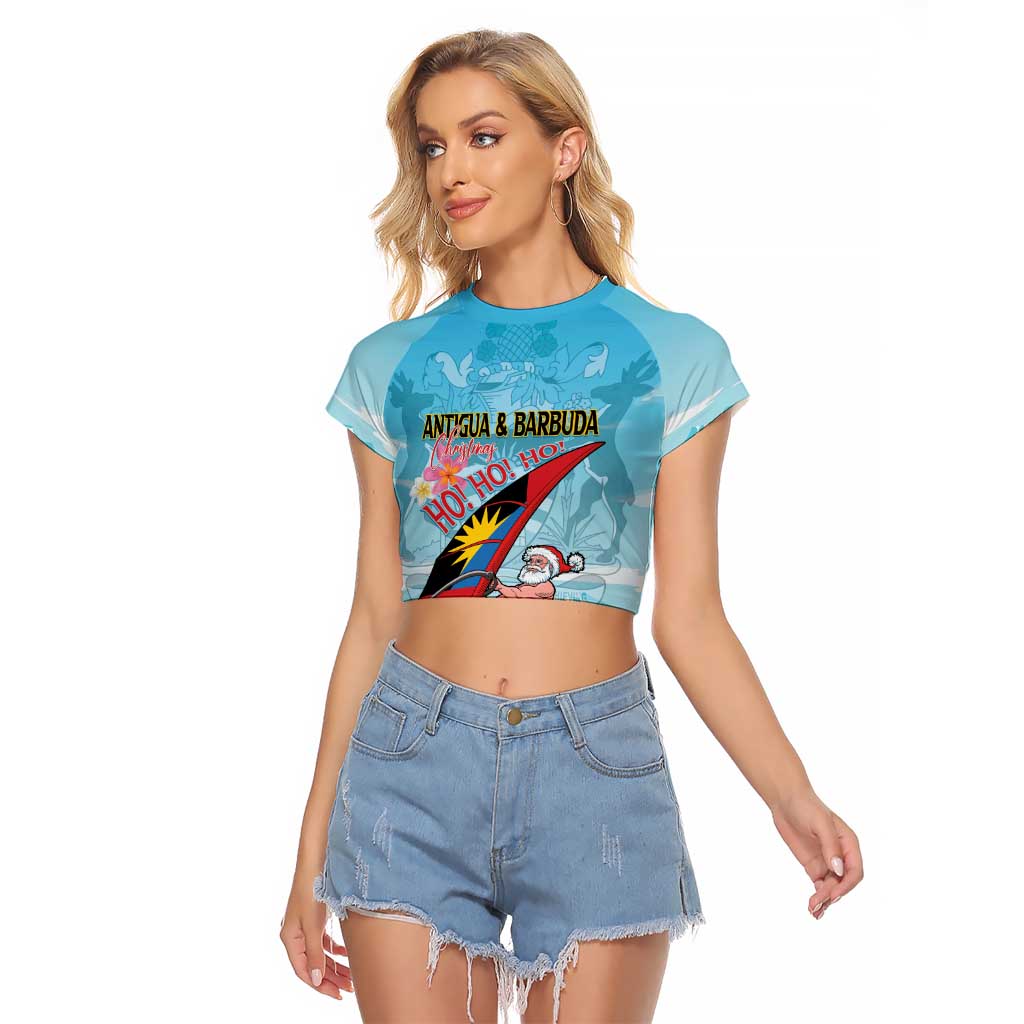 Personalized Antigua and Barbuda Christmas Raglan Cropped T Shirt Windsurfing Santa Caribbean Tropical Style - Wonder Print Shop