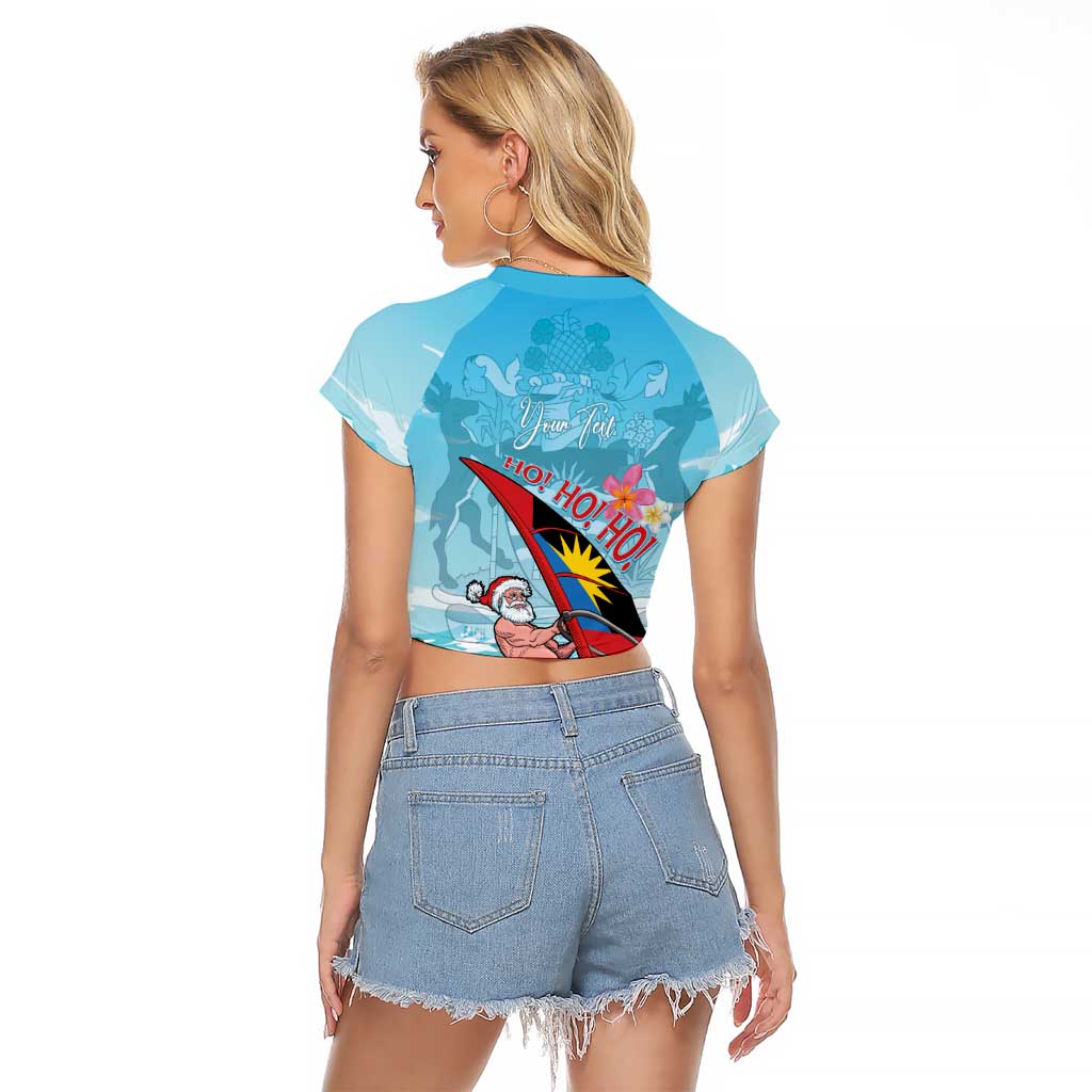 Personalized Antigua and Barbuda Christmas Raglan Cropped T Shirt Windsurfing Santa Caribbean Tropical Style - Wonder Print Shop