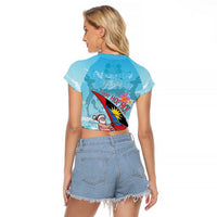 Personalized Antigua and Barbuda Christmas Raglan Cropped T Shirt Windsurfing Santa Caribbean Tropical Style - Wonder Print Shop