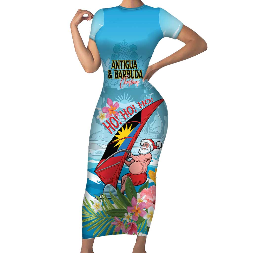 Personalized Antigua and Barbuda Christmas Short Sleeve Bodycon Dress Windsurfing Santa Caribbean Tropical Style - Wonder Print Shop