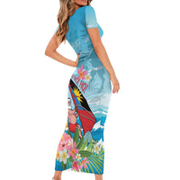 Personalized Antigua and Barbuda Christmas Short Sleeve Bodycon Dress Windsurfing Santa Caribbean Tropical Style - Wonder Print Shop