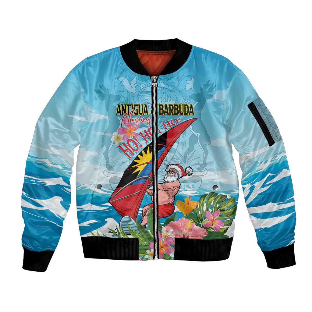 Personalized Antigua and Barbuda Christmas Sleeve Zip Bomber Jacket Windsurfing Santa Caribbean Tropical Style - Wonder Print Shop