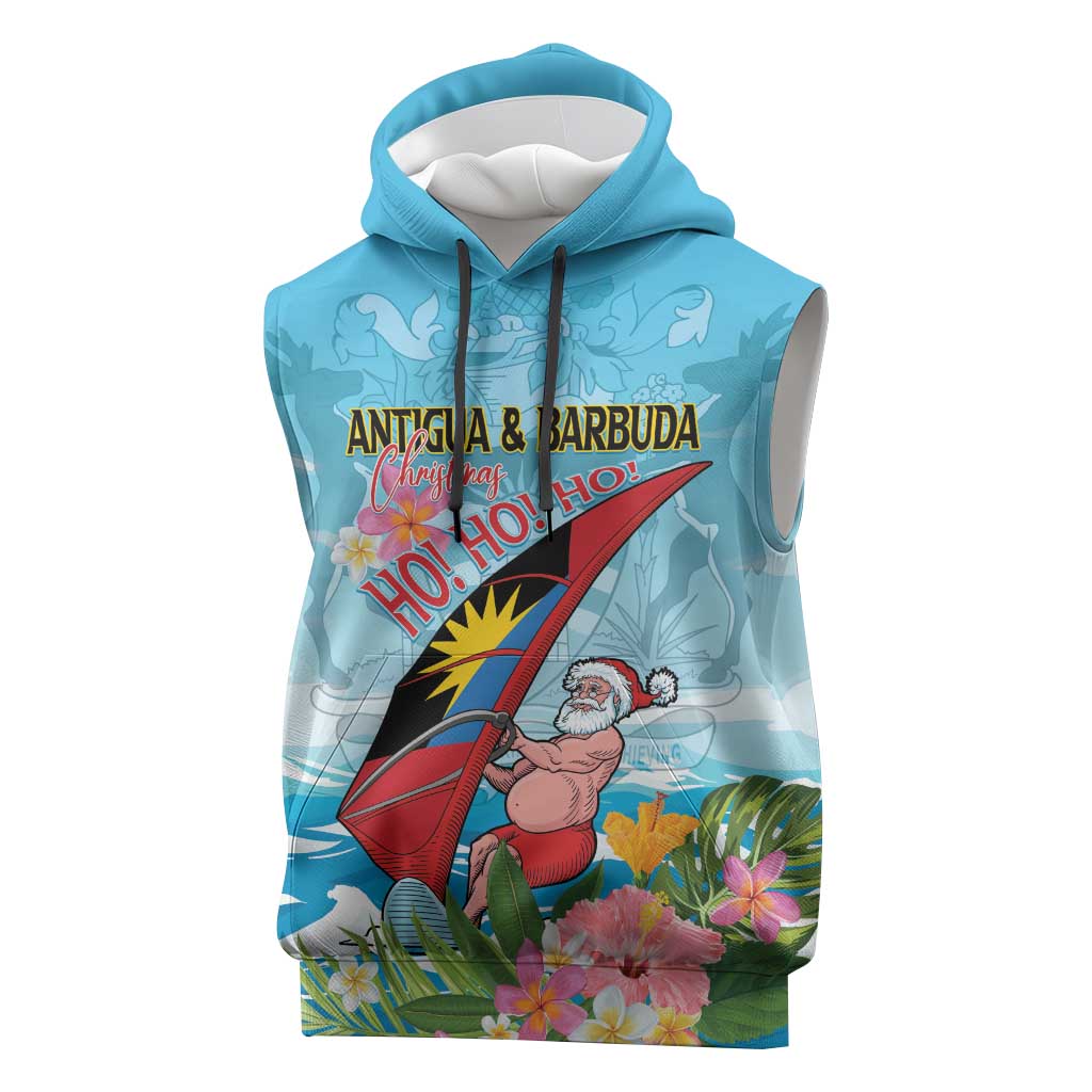 Personalized Antigua and Barbuda Christmas Sleeveless Hoodie Windsurfing Santa Caribbean Tropical Style - Wonder Print Shop