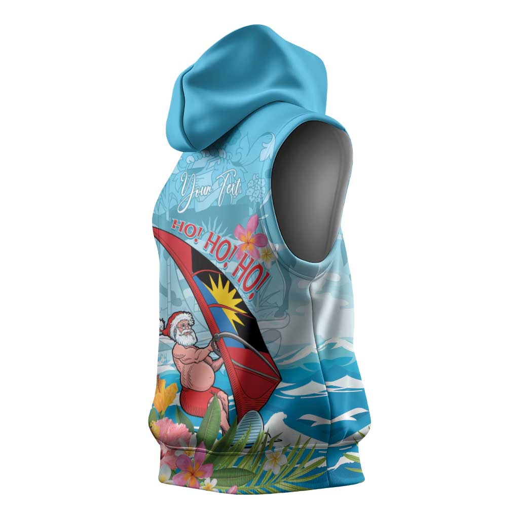 Personalized Antigua and Barbuda Christmas Sleeveless Hoodie Windsurfing Santa Caribbean Tropical Style - Wonder Print Shop