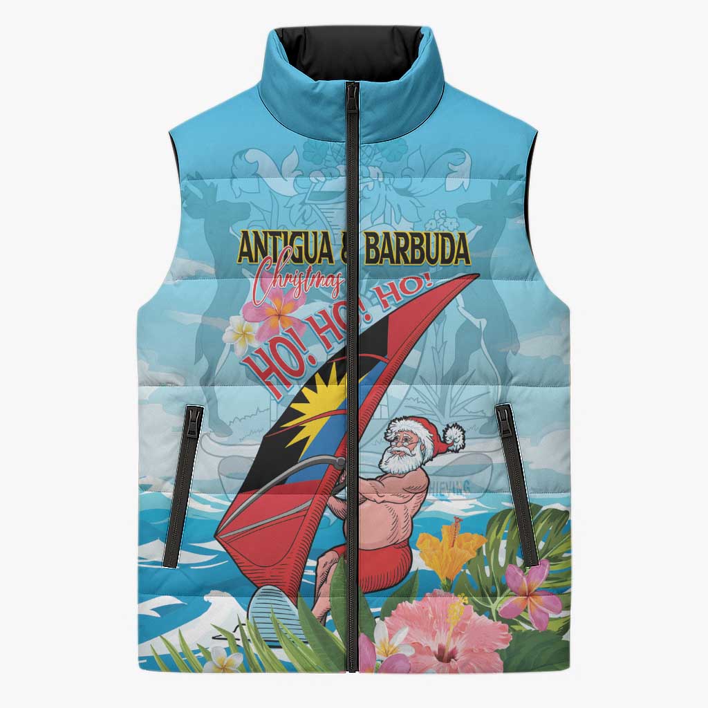 Personalized Antigua and Barbuda Christmas Sleeveless Puffer Jacket Windsurfing Santa Caribbean Tropical Style - Wonder Print Shop