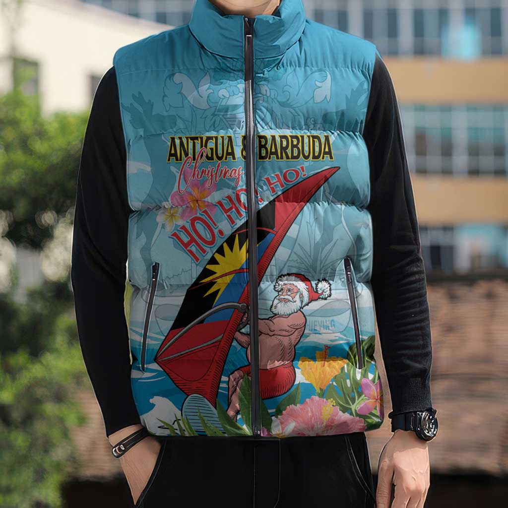 Personalized Antigua and Barbuda Christmas Sleeveless Puffer Jacket Windsurfing Santa Caribbean Tropical Style - Wonder Print Shop