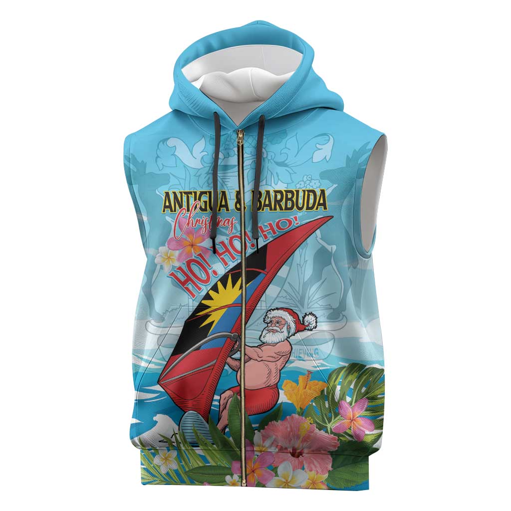 Personalized Antigua and Barbuda Christmas Sleeveless Zip Hoodie Windsurfing Santa Caribbean Tropical Style - Wonder Print Shop