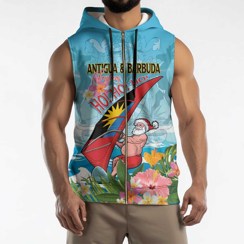 Personalized Antigua and Barbuda Christmas Sleeveless Zip Hoodie Windsurfing Santa Caribbean Tropical Style - Wonder Print Shop