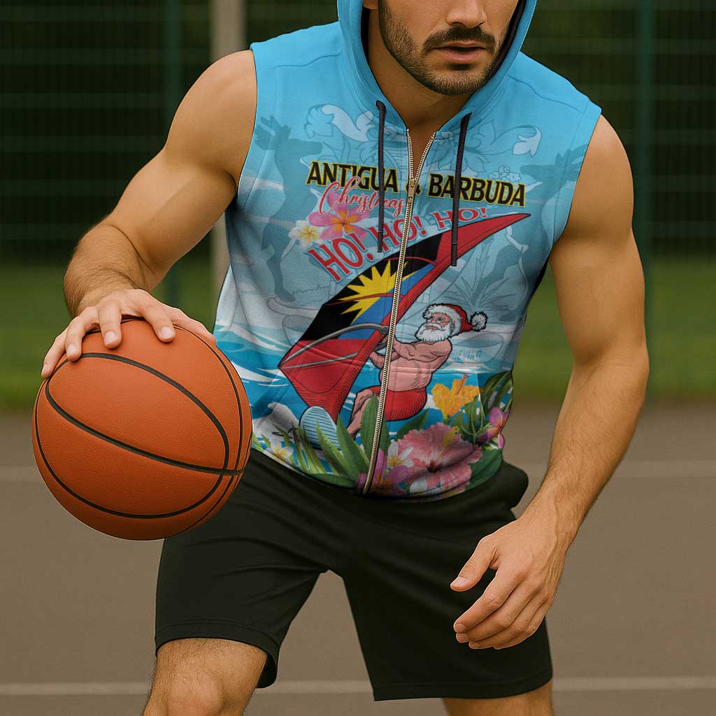 Personalized Antigua and Barbuda Christmas Sleeveless Zip Hoodie Windsurfing Santa Caribbean Tropical Style - Wonder Print Shop