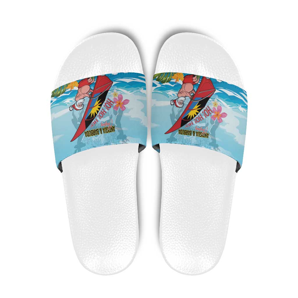 Personalized Antigua and Barbuda Christmas Slide Sandals Windsurfing Santa Caribbean Tropical Style - Wonder Print Shop