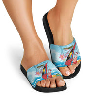Personalized Antigua and Barbuda Christmas Slide Sandals Windsurfing Santa Caribbean Tropical Style - Wonder Print Shop