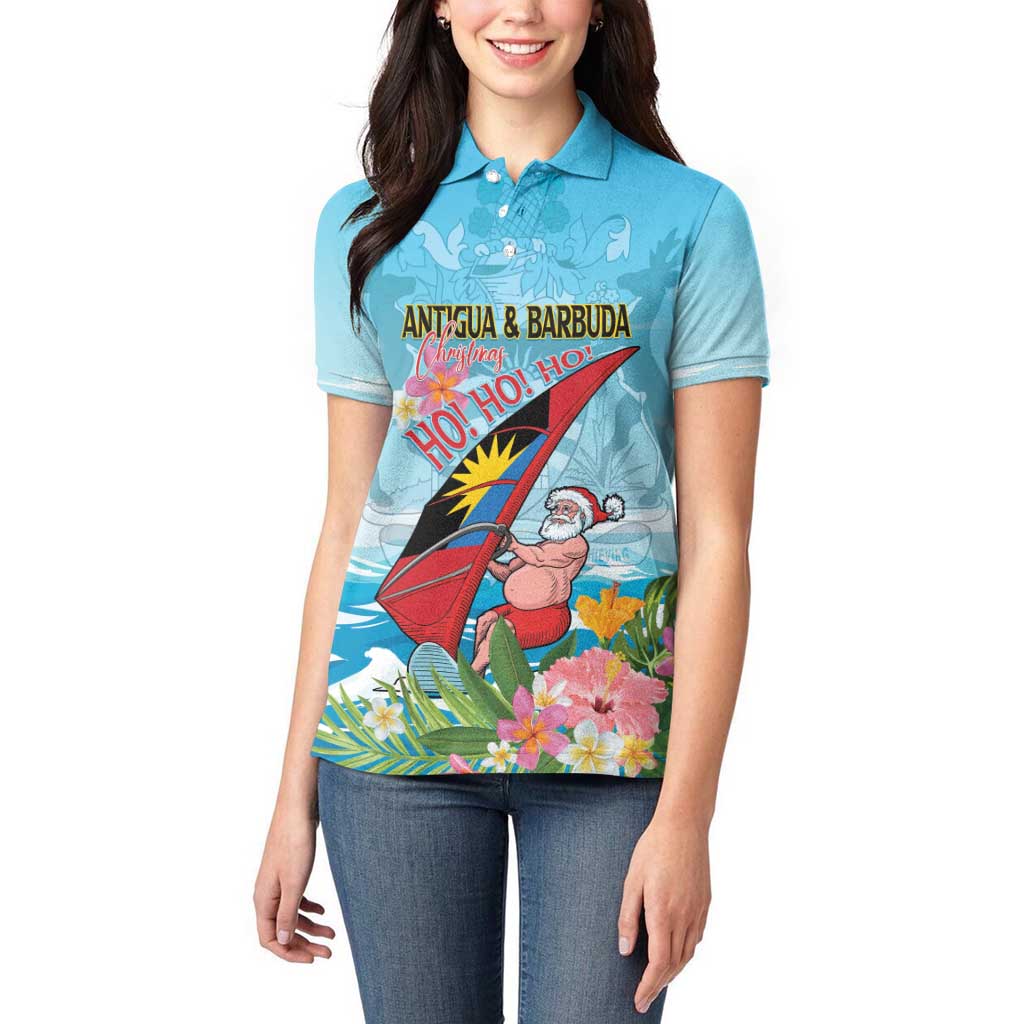 Personalized Antigua and Barbuda Christmas Women Polo Shirt Windsurfing Santa Caribbean Tropical Style - Wonder Print Shop