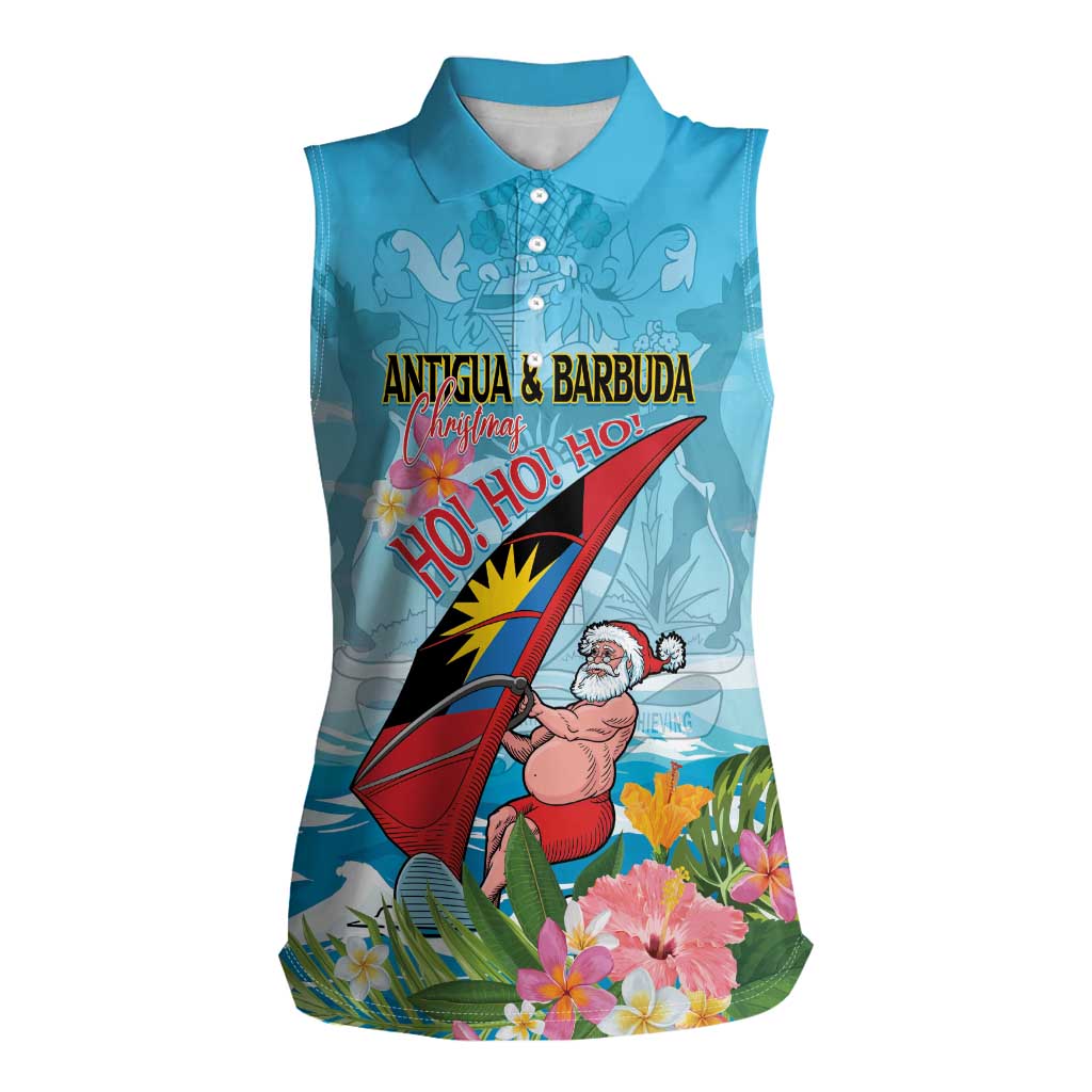 Personalized Antigua and Barbuda Christmas Women Sleeveless Polo Shirt Windsurfing Santa Caribbean Tropical Style - Wonder Print Shop