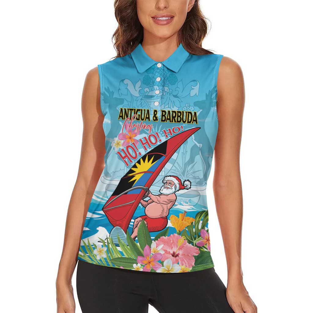 Personalized Antigua and Barbuda Christmas Women Sleeveless Polo Shirt Windsurfing Santa Caribbean Tropical Style - Wonder Print Shop
