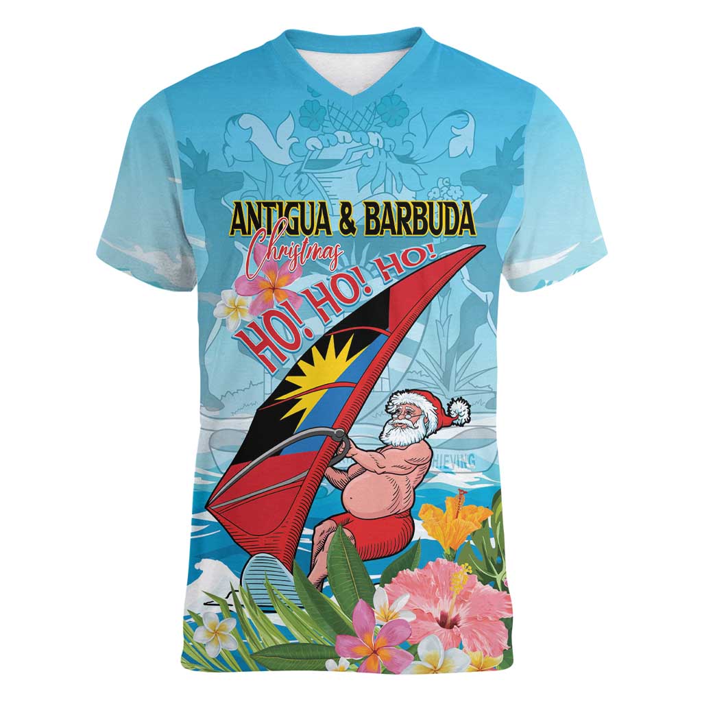 Personalized Antigua and Barbuda Christmas Women V-Neck T-Shirt Windsurfing Santa Caribbean Tropical Style - Wonder Print Shop