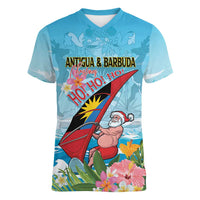 Personalized Antigua and Barbuda Christmas Women V-Neck T-Shirt Windsurfing Santa Caribbean Tropical Style - Wonder Print Shop