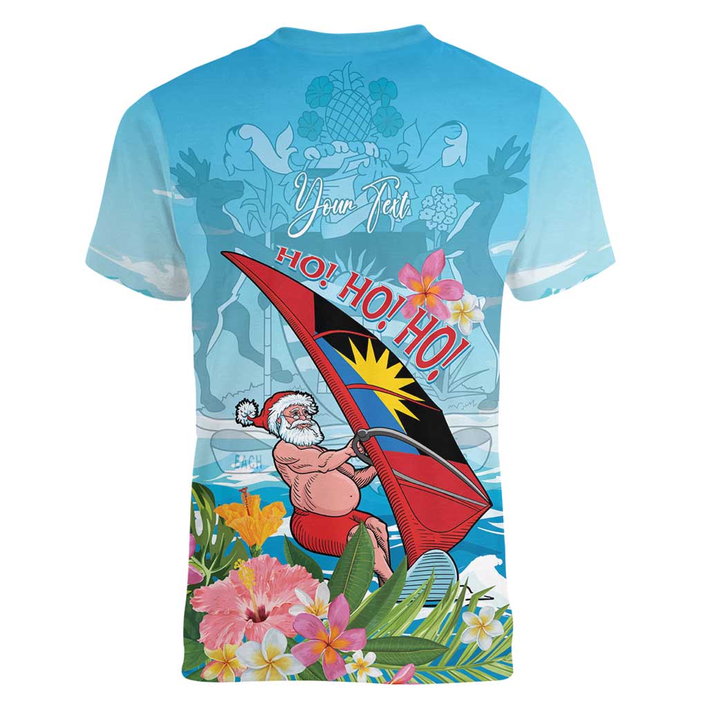 Personalized Antigua and Barbuda Christmas Women V-Neck T-Shirt Windsurfing Santa Caribbean Tropical Style - Wonder Print Shop