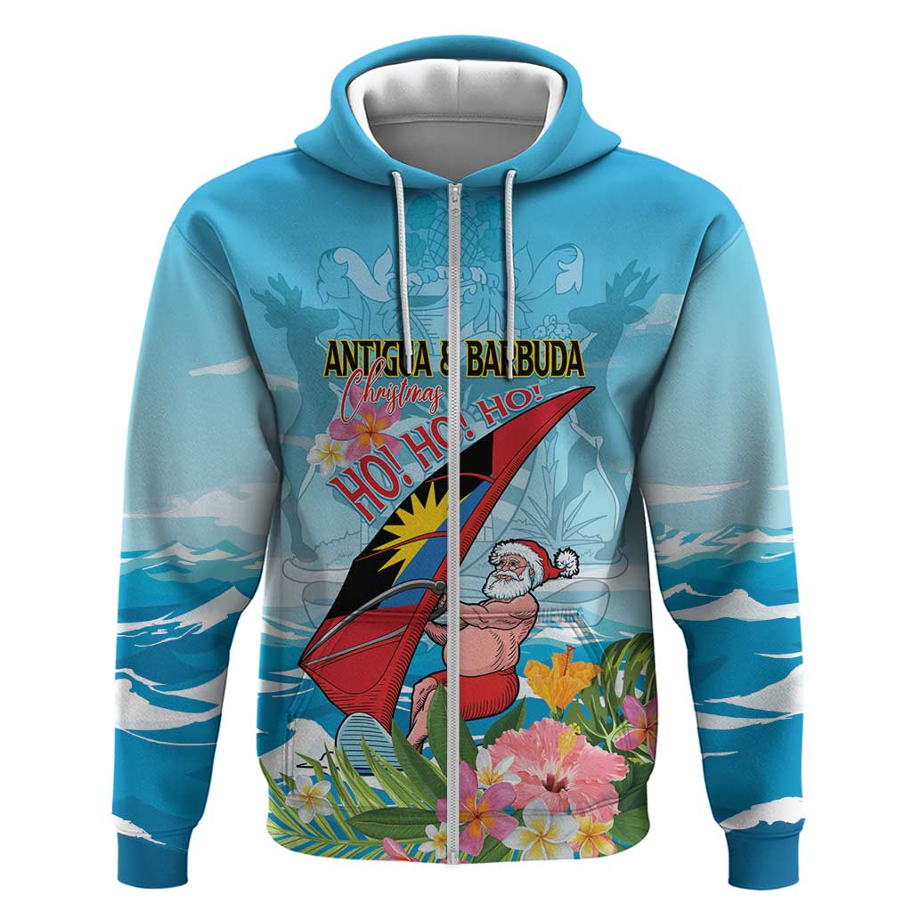 Personalized Antigua and Barbuda Christmas Zip Hoodie Windsurfing Santa Caribbean Tropical Style - Wonder Print Shop