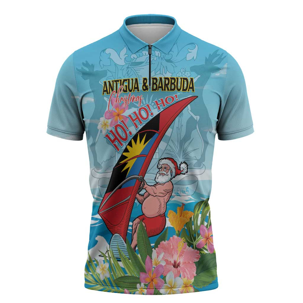 Personalized Antigua and Barbuda Christmas Zipper Polo Shirt Windsurfing Santa Caribbean Tropical Style - Wonder Print Shop