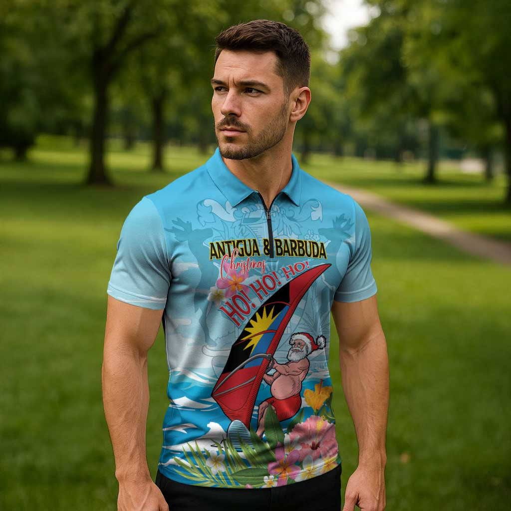 Personalized Antigua and Barbuda Christmas Zipper Polo Shirt Windsurfing Santa Caribbean Tropical Style - Wonder Print Shop