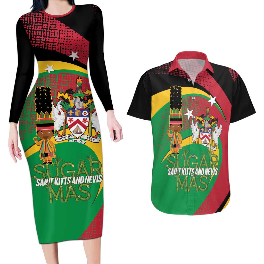 St Kitts and Nevis Sugar Mas Couples Matching Long Sleeve Bodycon Dress and Hawaiian Shirt Caribbean Masquerade Flag Color - Wonder Print Shop
