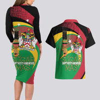 St Kitts and Nevis Sugar Mas Couples Matching Long Sleeve Bodycon Dress and Hawaiian Shirt Caribbean Masquerade Flag Color - Wonder Print Shop
