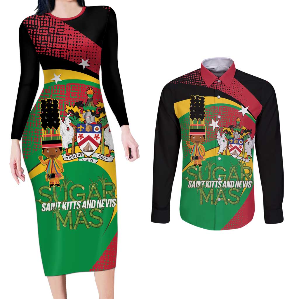St Kitts and Nevis Sugar Mas Couples Matching Long Sleeve Bodycon Dress and Long Sleeve Button Shirt Caribbean Masquerade Flag Color - Wonder Print Shop