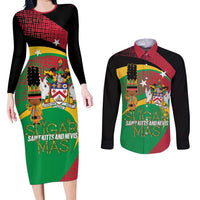 St Kitts and Nevis Sugar Mas Couples Matching Long Sleeve Bodycon Dress and Long Sleeve Button Shirt Caribbean Masquerade Flag Color - Wonder Print Shop