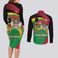 St Kitts and Nevis Sugar Mas Couples Matching Long Sleeve Bodycon Dress and Long Sleeve Button Shirt Caribbean Masquerade Flag Color - Wonder Print Shop