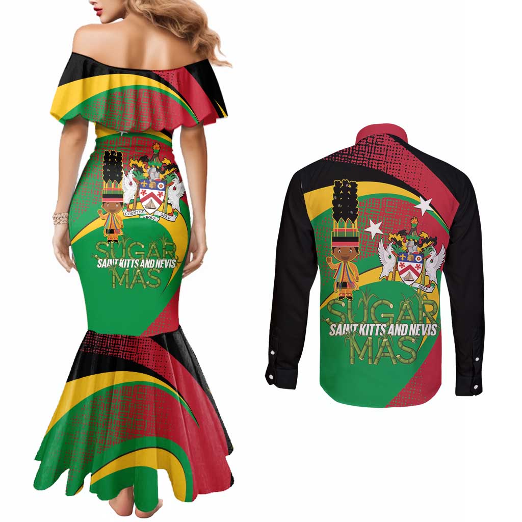 St Kitts and Nevis Sugar Mas Couples Matching Mermaid Dress and Long Sleeve Button Shirt Caribbean Masquerade Flag Color - Wonder Print Shop