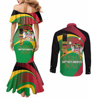 St Kitts and Nevis Sugar Mas Couples Matching Mermaid Dress and Long Sleeve Button Shirt Caribbean Masquerade Flag Color - Wonder Print Shop