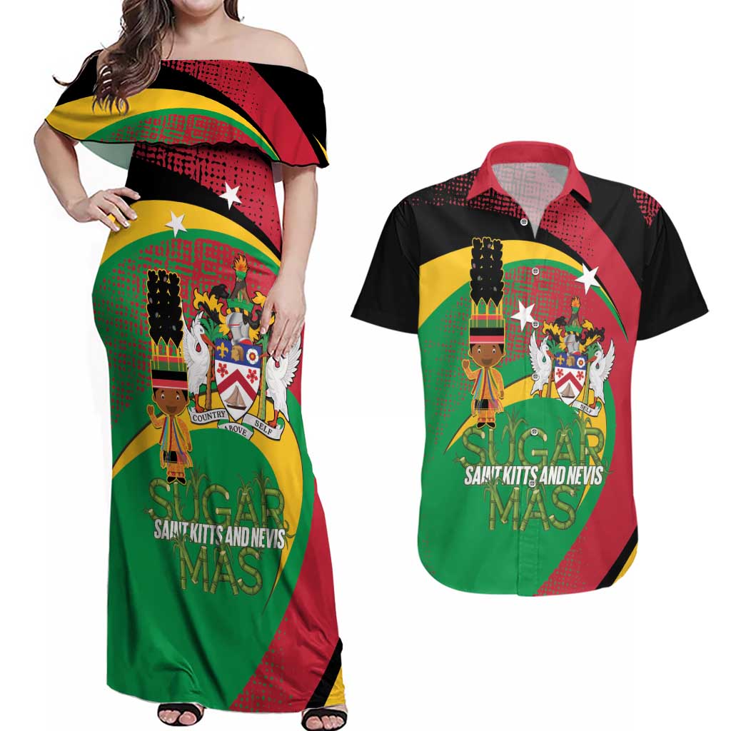 St Kitts and Nevis Sugar Mas Couples Matching Off Shoulder Maxi Dress and Hawaiian Shirt Caribbean Masquerade Flag Color - Wonder Print Shop