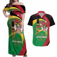 St Kitts and Nevis Sugar Mas Couples Matching Off Shoulder Maxi Dress and Hawaiian Shirt Caribbean Masquerade Flag Color - Wonder Print Shop