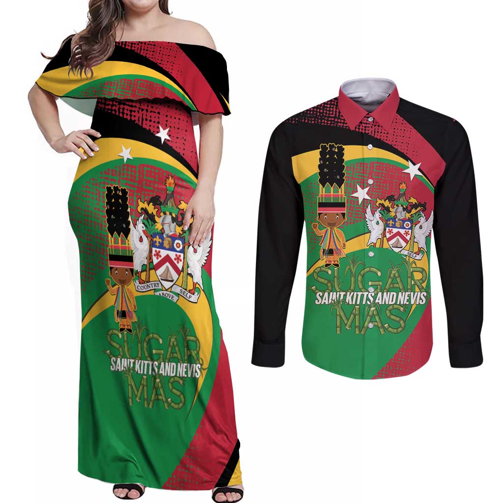St Kitts and Nevis Sugar Mas Couples Matching Off Shoulder Maxi Dress and Long Sleeve Button Shirt Caribbean Masquerade Flag Color - Wonder Print Shop
