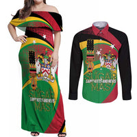 St Kitts and Nevis Sugar Mas Couples Matching Off Shoulder Maxi Dress and Long Sleeve Button Shirt Caribbean Masquerade Flag Color - Wonder Print Shop