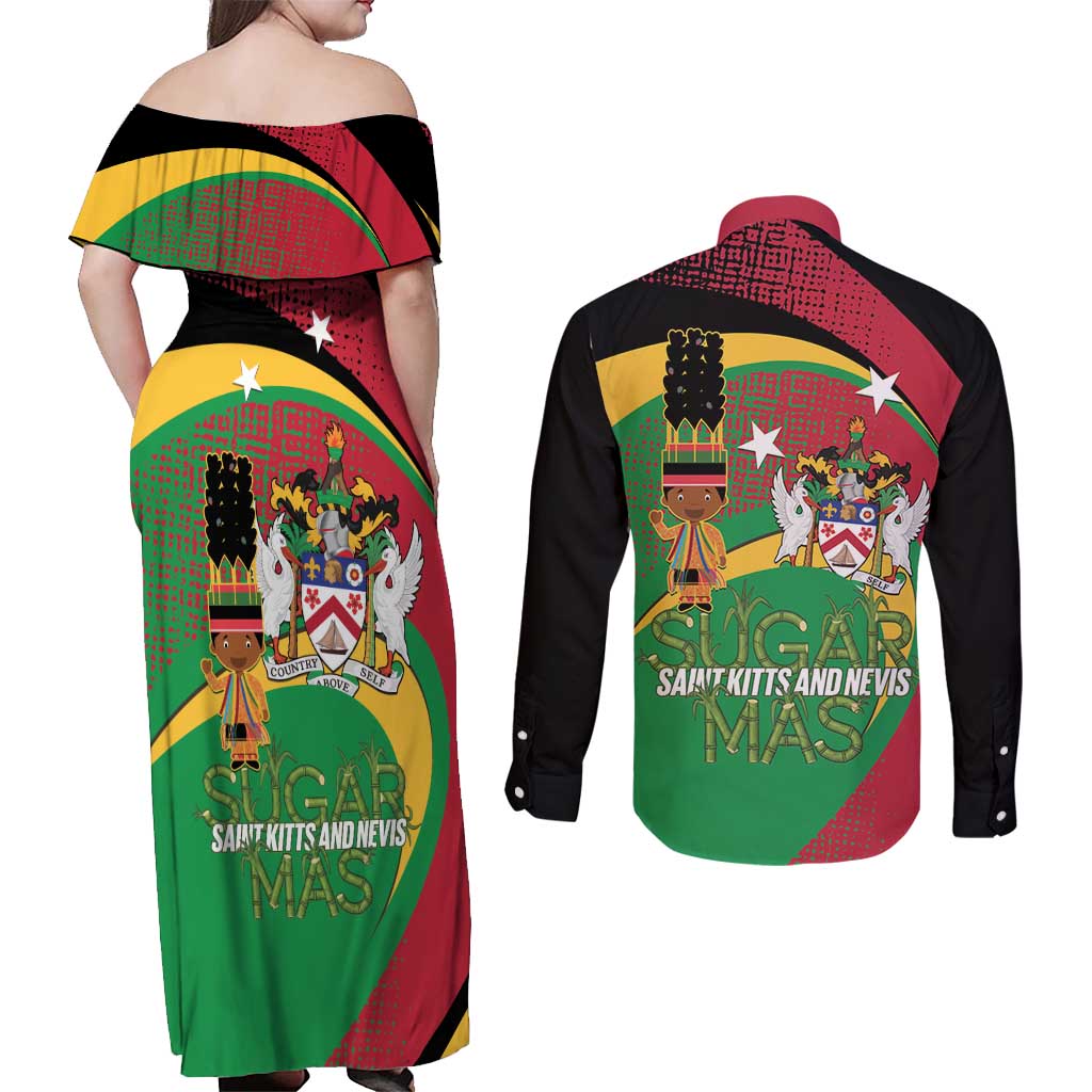 St Kitts and Nevis Sugar Mas Couples Matching Off Shoulder Maxi Dress and Long Sleeve Button Shirt Caribbean Masquerade Flag Color - Wonder Print Shop
