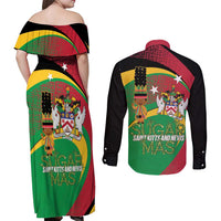 St Kitts and Nevis Sugar Mas Couples Matching Off Shoulder Maxi Dress and Long Sleeve Button Shirt Caribbean Masquerade Flag Color - Wonder Print Shop