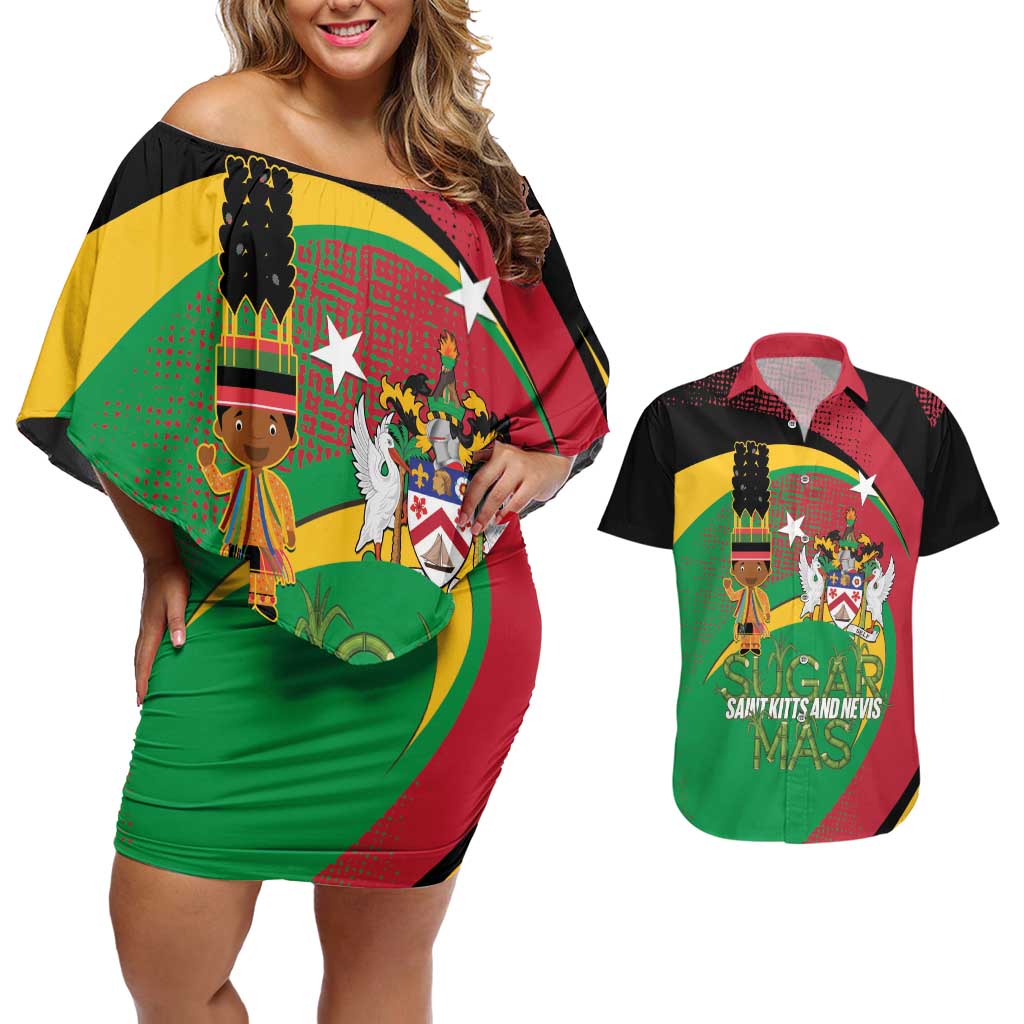 St Kitts and Nevis Sugar Mas Couples Matching Off Shoulder Short Dress and Hawaiian Shirt Caribbean Masquerade Flag Color - Wonder Print Shop