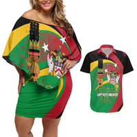 St Kitts and Nevis Sugar Mas Couples Matching Off Shoulder Short Dress and Hawaiian Shirt Caribbean Masquerade Flag Color - Wonder Print Shop