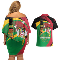 St Kitts and Nevis Sugar Mas Couples Matching Off Shoulder Short Dress and Hawaiian Shirt Caribbean Masquerade Flag Color - Wonder Print Shop