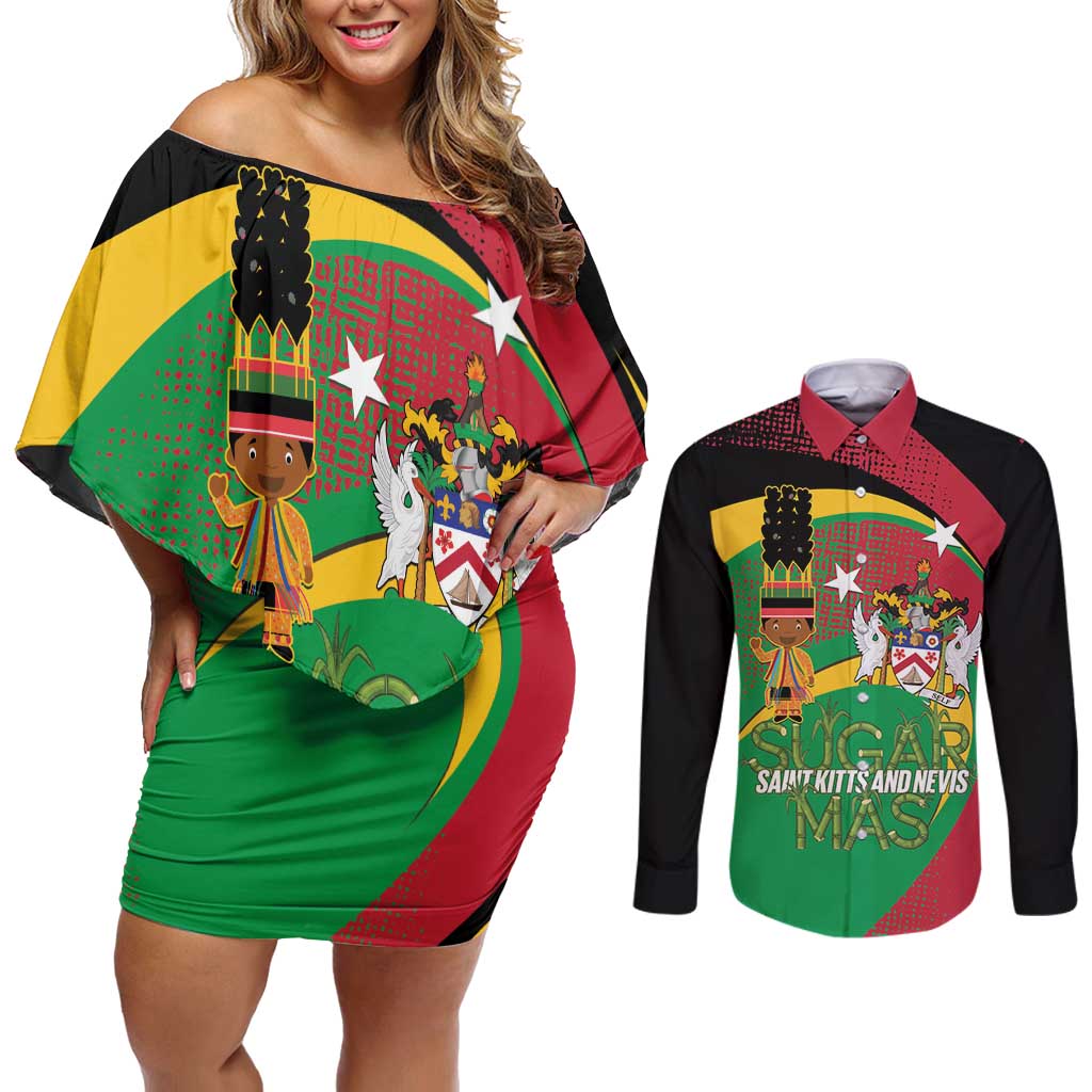 St Kitts and Nevis Sugar Mas Couples Matching Off Shoulder Short Dress and Long Sleeve Button Shirt Caribbean Masquerade Flag Color - Wonder Print Shop