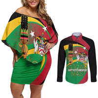 St Kitts and Nevis Sugar Mas Couples Matching Off Shoulder Short Dress and Long Sleeve Button Shirt Caribbean Masquerade Flag Color - Wonder Print Shop