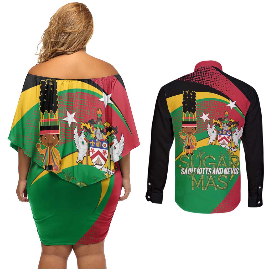 St Kitts and Nevis Sugar Mas Couples Matching Off Shoulder Short Dress and Long Sleeve Button Shirt Caribbean Masquerade Flag Color - Wonder Print Shop