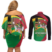 St Kitts and Nevis Sugar Mas Couples Matching Off Shoulder Short Dress and Long Sleeve Button Shirt Caribbean Masquerade Flag Color - Wonder Print Shop